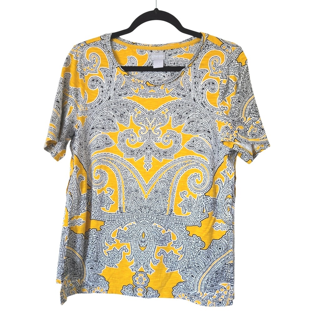Chico's 1 Top Womens M Yellow White Black Paisley Short Sleeve Scoop-Neck